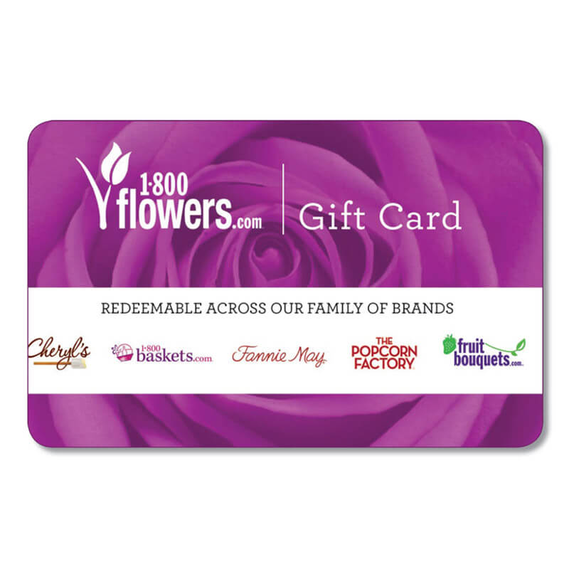 1-800flowers.com gift card. Purple rose background.