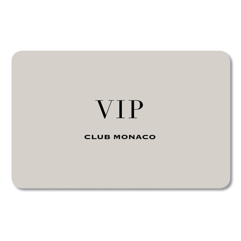 Club Monaco VIP card. Gray tan color with imprint.