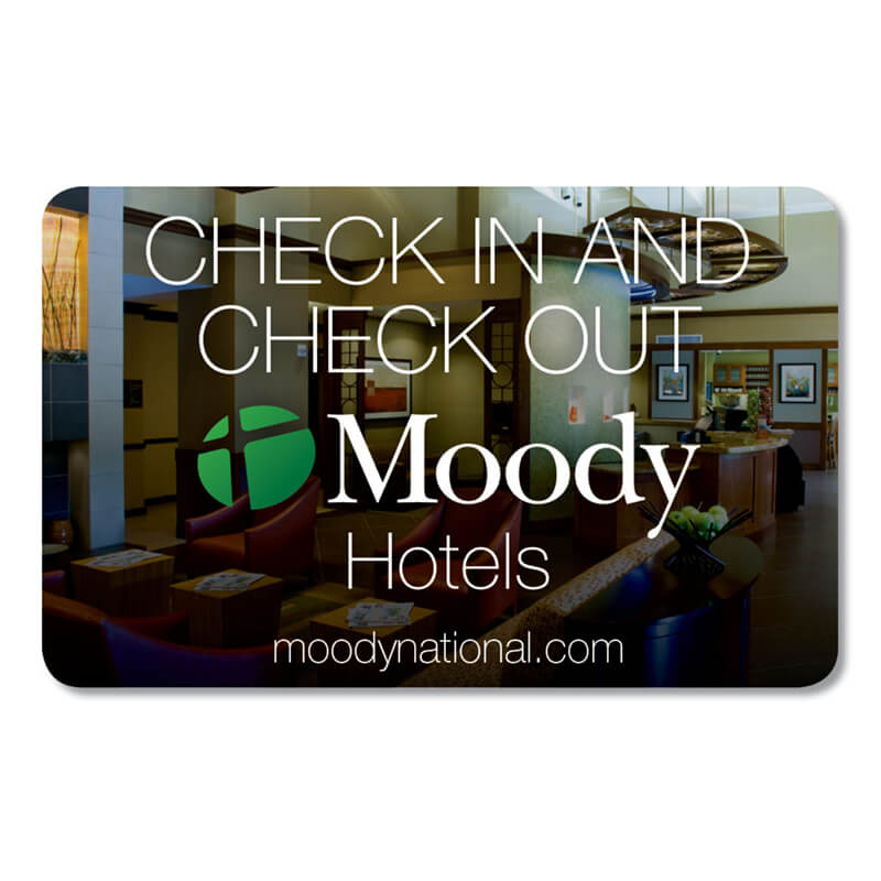 Moody National Hotels key card. Check in and check out.