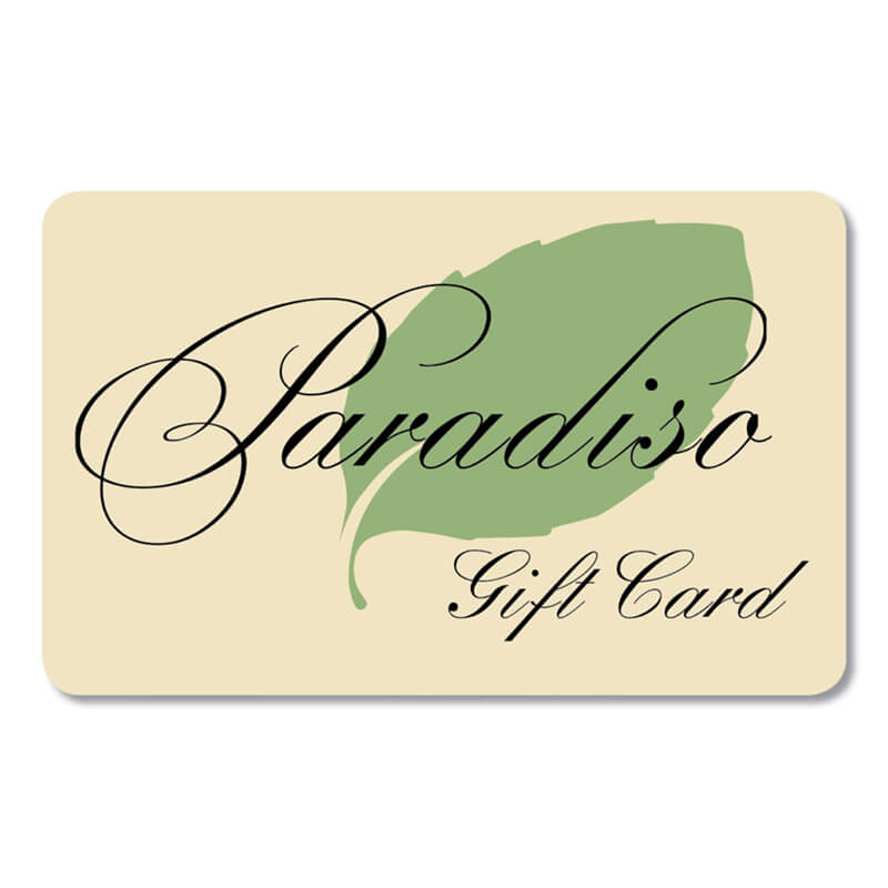 Paradiso gift card. Tan with green leaf.
