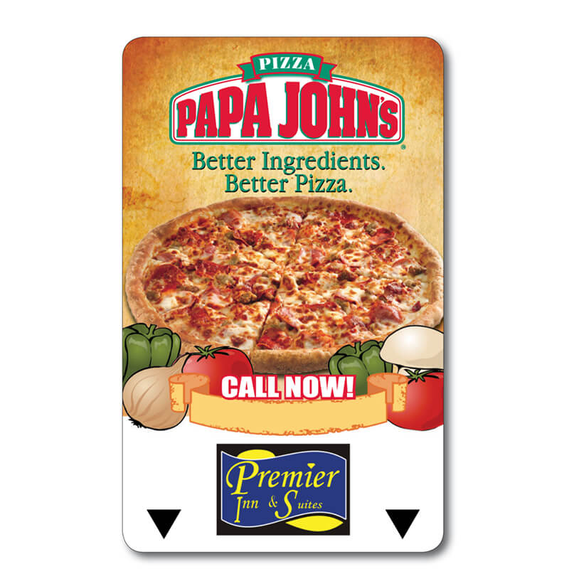 Premier Inn & Suites hotel key card with Papa Johns advertising