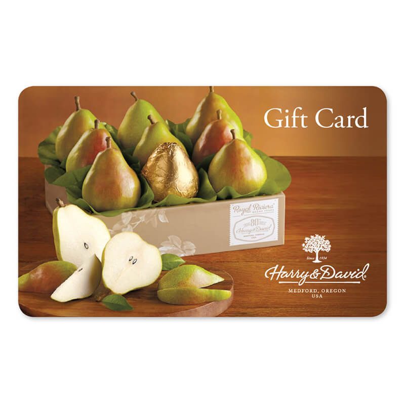 Harry & David gift card. Pears with brown background.
